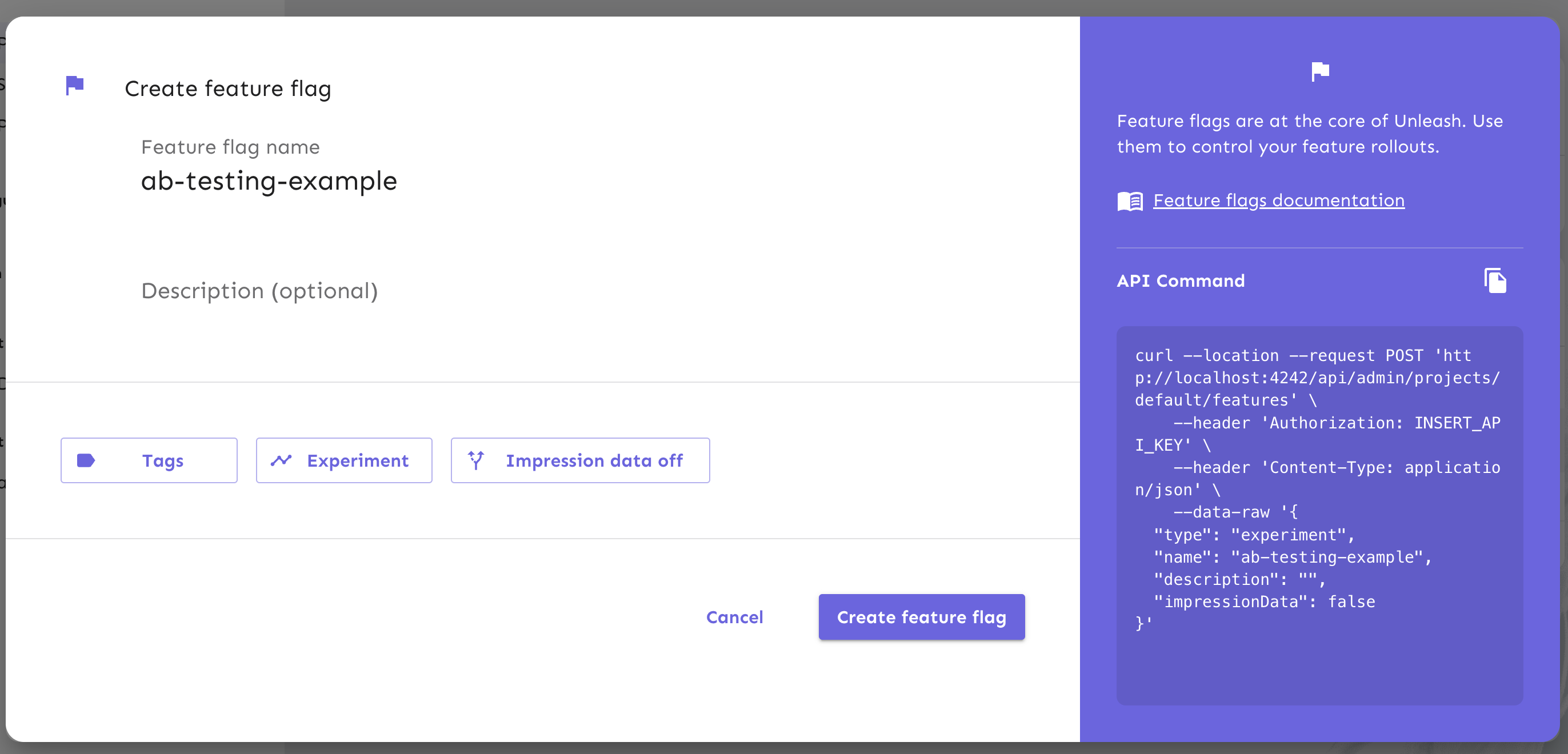 Create a feature flag by filling out the form fields.